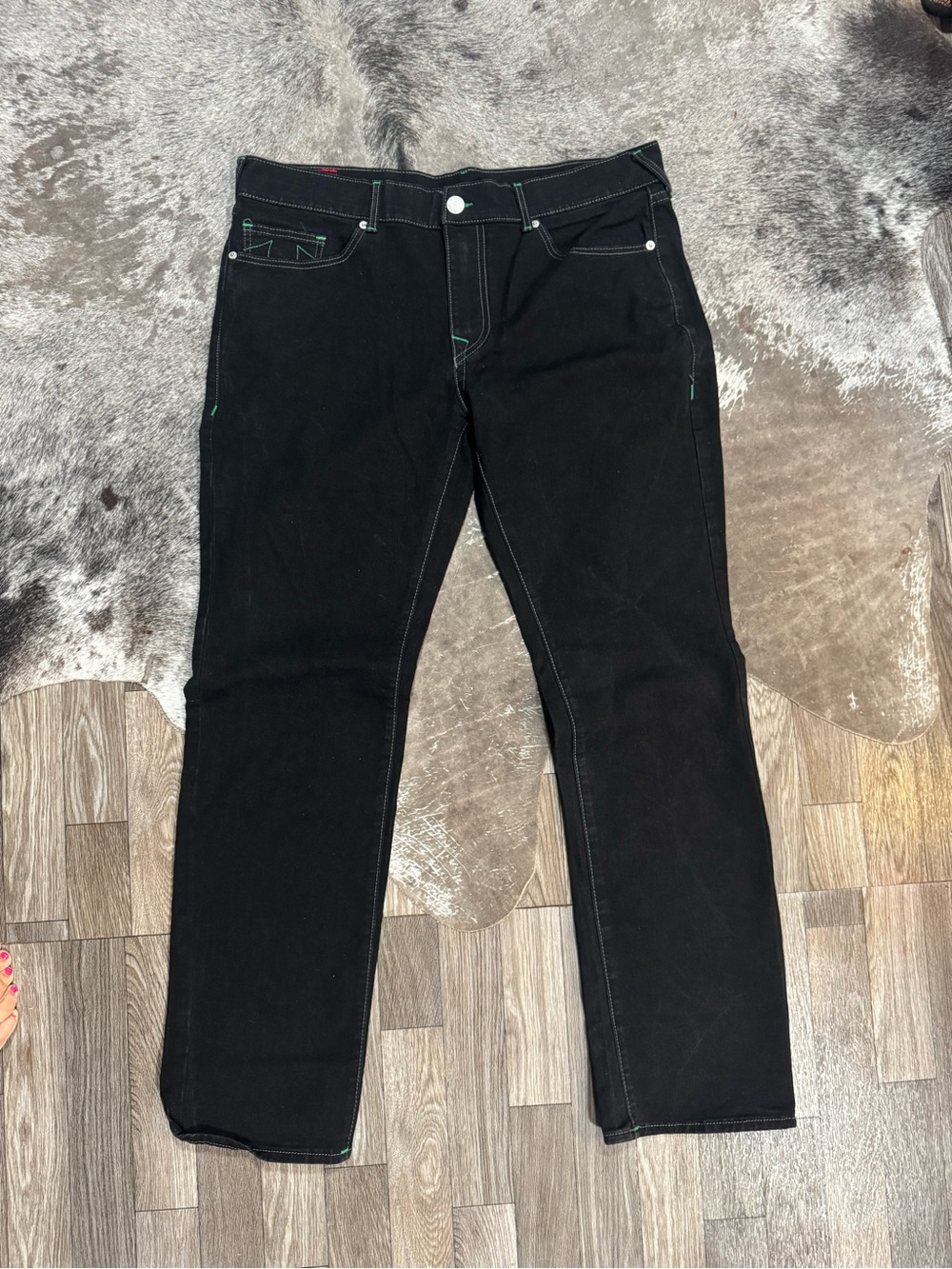 True Religion Black Straight Jeans with Subtle Green Stitching